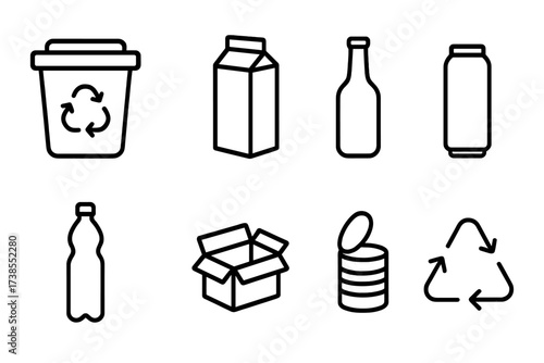 Recyclable Packaging Icons. Outline icon set of recyclable packaging: recycle bin, paper carton, glass bottle, aluminum can, plastic bottle, cardboard box, tin
