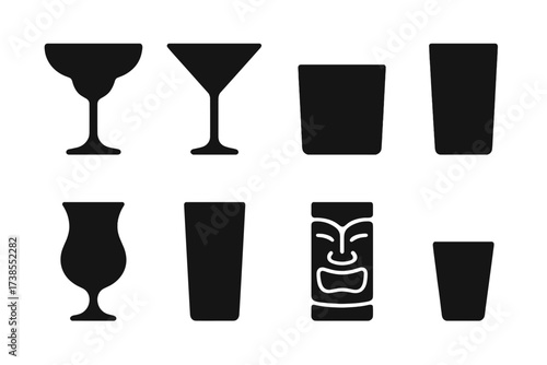 Shake Glassware Icons. Solid, filled icon set of shake glassware: coupe glass, martini glass, rocks glass, highball glass, hurricane glass, Collins glass, tiki