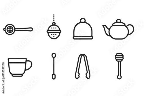 Mint Tea Icon Set. Outline icon set of mint tea utensils: tea strainer, infuser ball, tea cozy, ceramic teapot, glass cup, stirring stick, sugar tongs, honey
