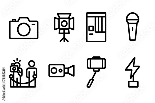 Gala Media Icon Set. Solid, filled icon set of gala media and photography: camera, spotlight, photo booth, microphone, red carpet paparazzi, video camera,