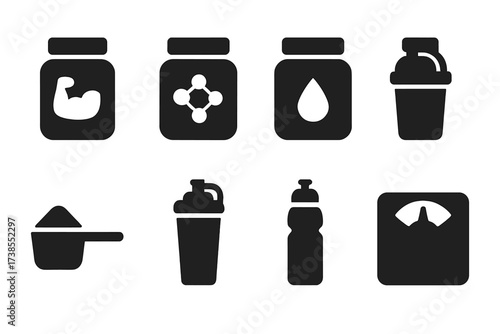 Fitness Supplement Icons. Solid, filled icon set of powder in sports and fitness: protein powder, creatine powder, pre-workout powder, energy powder,