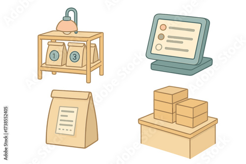 Set of four images of a store with a cash register, a bag, a box, and a shelf