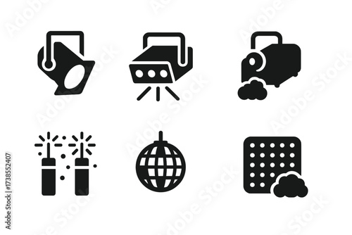 Concert Lighting Icons. Solid, filled icon set of concert lighting and effects: spotlight, strobe light, laser beam, smoke machine, pyrotechnics, disco ball,