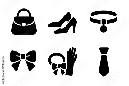 Velvet Accessories Icons. Solid, filled icon set of velvet accessories: velvet bag, velvet shoes, velvet belt, velvet choker, velvet bow, velvet hairband,