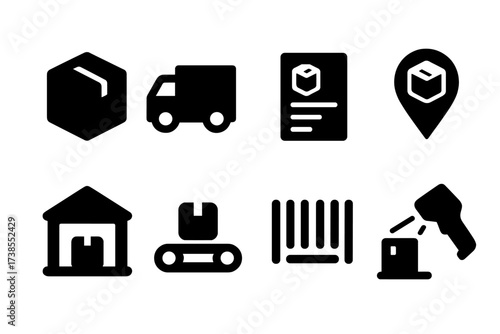 Package Tracking Icons. Solid, filled icon set of package tracking: parcel, delivery truck, shipping label, tracking number, warehouse, conveyor belt, barcode,