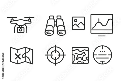 Drone Reconnaissance Icons. Outline icon set of drone reconnaissance: camera drone, binoculars, satellite image, data analysis, map overlay, target reticle,