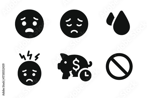 Financial Stress Icons. Solid, filled icon set of financial stress due to overdraft: worried face, sad face, broken piggy bank, sweat drop, headache, late