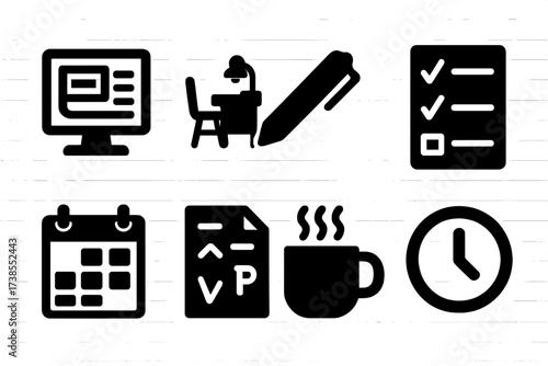 Newspaper Editing Icons. Solid, filled icon set of newspaper editing: computer, editor?s desk, red pen, checklist, calendar, proofreading marks, coffee mug,