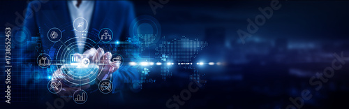BI (Business Intelligence), Businessman using mobile smartphone and analytics tools connecting data visualization, performance monitoring, reporting systems, strategic planning, dashboards, insights.