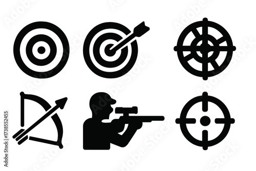 Target Icon Set. Solid, filled icon set of target symbols: bullseye, arrow hitting center, dartboard, crosshair, scope, archery bow, sniper, goal flag. [Line