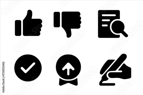 Approval Action Icons. Solid, filled icon set of approval actions: approve, reject, review, confirm, verify, submit, endorse, sign. [Line icons in only black