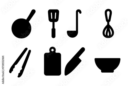 Cooking Utensils Icons. Solid, filled icon set of cooking utensils with pans: frying pan, spatula, ladle, whisk, tongs, cutting board, chef knife, mixing bowl.