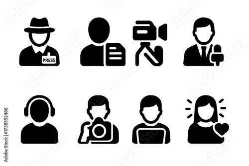 Media Roles Icons. Solid, filled icon set of media roles: journalist, editor, cameraman, anchor, producer, photographer, blogger, influencer. [Line icons in