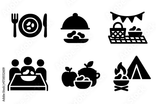 Boiled Bean Meal Icons. Solid, filled icon set of boiled bean meal occasions: lunch, dinner, picnic, party, family meal, healthy snack, potluck, camping. [Line