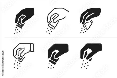 Salt Shaker Logos. Salt shaker. Set Logo of salt shaker: hand sprinkling salt. harmonious logo variations of the same emblematic concept, each with different