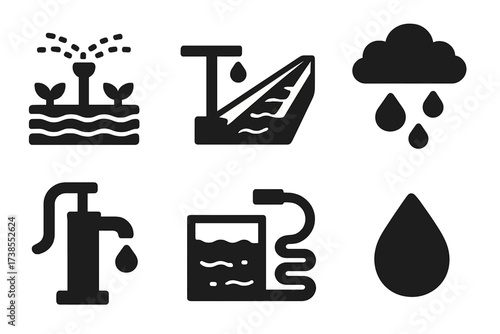 Crop Irrigation Icons. Solid, filled icon set of crop irrigation: sprinkler, drip irrigation, canal, raincloud, water pump, reservoir, hose, water droplet.