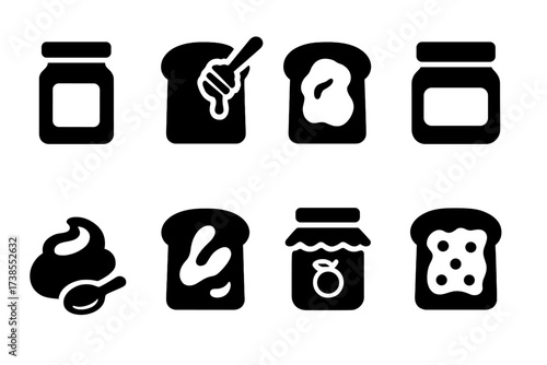 Toast Spread Icons. Solid, filled icon set of toast with spreads: jam jar, honey pot, butter slab, nutella jar, cream cheese dollop, peanut butter scoop,