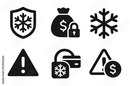 Frozen Finance Icons. Solid, filled icon set of frozen finances: cold shield, locked money bag, freeze symbol, blocked credit, warning mark, security lock,