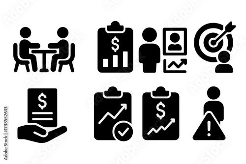 Financial Planner Icons. Solid, filled icon set of financial planner activities: client meeting, report analysis, portfolio review, goal setting, contract