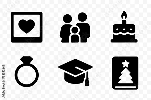 Memory Icon Set. Solid, filled icon set of personal memory symbols: heart photo, family icon, travel snapshot, birthday cake, anniversary ring, graduation cap,