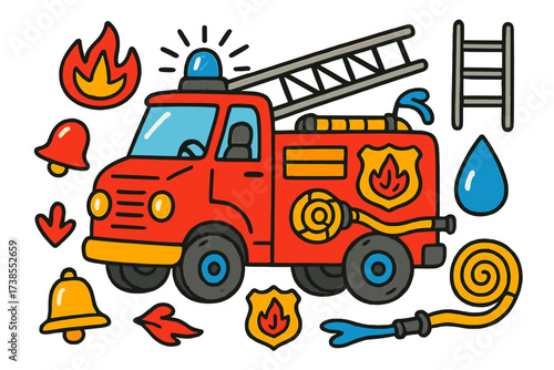 Colorful Fire Truck Doodle. Fire truck. Colorful Hand-drawn doodle Children illustration fire truck red truck, siren, ladder, water tank, hose reel, wheels,