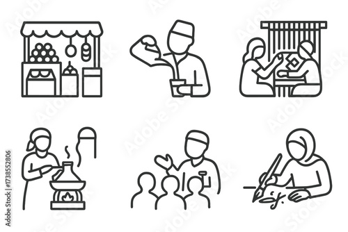 Tunisian Daily Life Icons. Outline icon set of Tunisian daily life: Market stalls, Tea pouring, Henna application, Carpet weaving, Cooking tagine,
