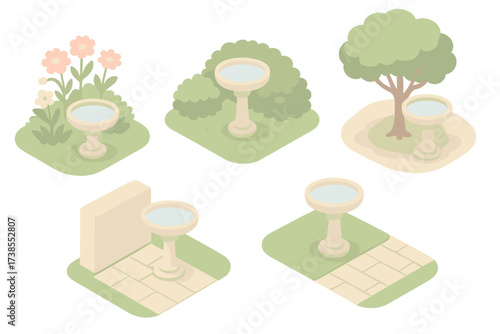 Garden Birdbath Locations. Isometric vector illustration set Birdbath Placement in Garden: birdbath near flower bed, surrounded by