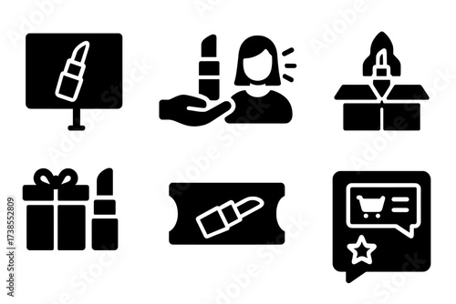 Lipstick Marketing Icons. Solid, filled icon set of lipstick marketing: advertisement, sample tester, beauty influencer, product launch, gift set, promotional