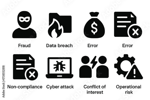 Audit Risks Icons. Solid, filled icon set of audit risks: fraud, data breach, financial loss, error, non-compliance, cyber attack, conflict of interest,