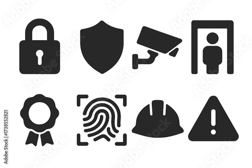 Cargo Security Icons. Solid, filled icon set of cargo security: lock, shield, CCTV camera, security checkpoint, seal sticker, fingerprint scan, safety helmet,