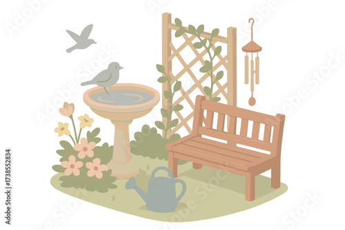 Backyard Birdbath Bliss. Isometric vector illustration set Backyard Birdbath Scene: birdbath with flowers around, watering can