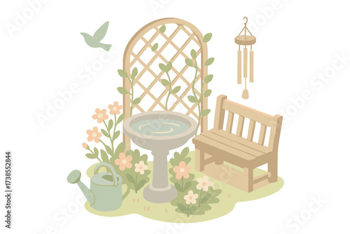 Backyard Birdbath Bliss. Isometric vector illustration set Backyard Birdbath Scene: birdbath with flowers around, watering can