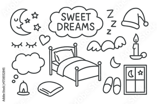 Dreamy Night Doodles. Hand-drawn doodle illustration Sweet dreams cloud, moon, stars, bed, pillow, blanket, heart, dream bubble, closed eyes, Zzz letters,