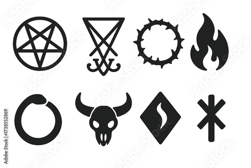 Dark Magic Icons. Solid, filled icon set of dark magic emblems: inverted pentagram, demon sigil, cursed circle, black flame, serpent ring, goat skull, shadow