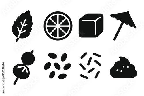 Juice Garnish Icons. Solid, filled icon set of juice garnish and toppings: mint leaf, citrus slice, ice cube, umbrella stick, fruit skewer, chia seeds, spice