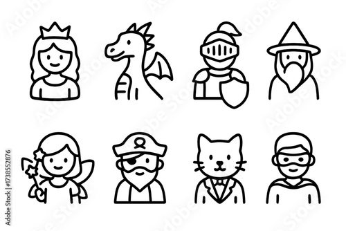 Storytime Characters Icons. Outline icon set of storytime characters: princess, dragon, knight, wizard, fairy, pirate, talking animal, hero. Line icons in only