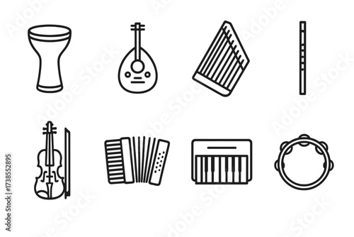 Middle Eastern Icons. Outline icon set of Lebanese music instruments: darbuka drum, oud, qanun, nay flute, violin, accordion, keyboard, tambourine. Line icons