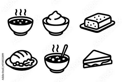 Comfort Food Icons. Solid, filled icon set of comfort food: bowl of chili, mashed potatoes, meatloaf, macaroni and cheese, pot roast, chicken soup, shepherd?s