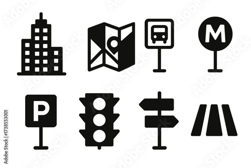 City Icons Grid. Solid, filled icon set of city location elements: skyscraper, city map, bus stop, metro station, parking sign, traffic light, street sign,