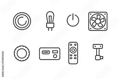 Projector Parts Icons. Outline icon set of projector parts: lens, lamp, cooling fan, power button, focus ring, input ports, remote control, mounting bracket.