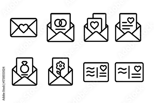 Love Letter Icons. Outline icon set of love letter occasions: Valentine?s card, anniversary letter, wedding invitation, secret note, proposal letter, apology