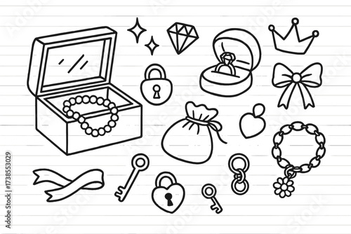 Elegant Jewelry Box. Hand-drawn doodle illustration elegant jewelry box open box, pearl necklace, diamond ring, gemstone, velvet cushion, lock, key, sparkling