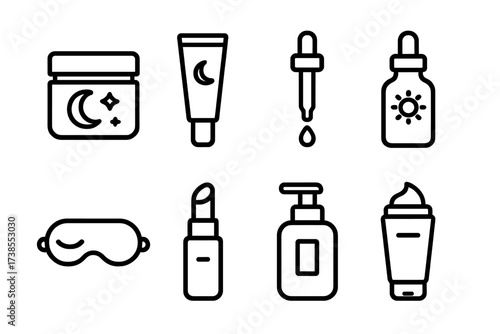 Night Care Icons. Solid, filled icon set of night care products: night cream jar, eye cream tube, serum dropper, facial oil bottle, sleeping mask, lip balm,