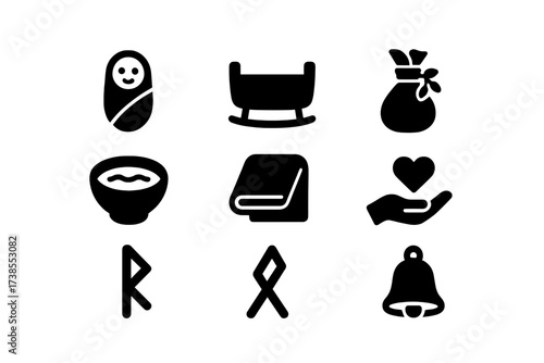 Midwife Icons Set. Solid, filled icon set of midwife: baby bundle, cradle, water bowl, herbal satchel, warm cloth, heart hand, birth rune, bell. [Solid, filled