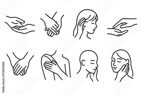 Soft Interaction Icons. Outline icon set of soft interactions: hand holding palm, fingers intertwined, hand stroking hair, gentle finger touch, palm on wrist,