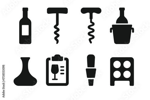 Wine Glass Icon Set. Solid, filled icon set of wine glass related items: wine bottle, corkscrew, wine opener, wine cooler, decanter, tasting notes, wine