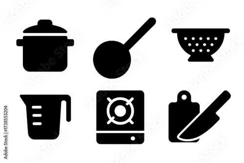 Cooking Tools Icons. Solid, filled icon set of rice and beans cooking tools: pot, frying pan, wooden spoon, colander, measuring cup, stove, cutting board,