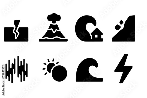 Natural Phenomena Icons. Solid, filled icon set of natural phenomena: earthquake, volcano, tsunami, landslide, aurora, eclipse, tidal wave, lightning bolt.