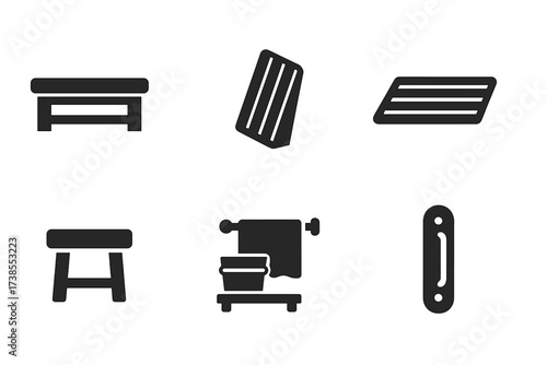 Sauna Furniture Icons. Solid, filled icon set of sauna furniture: wooden bench, backrest, headrest, floor mat, stool, bucket stand, towel rack, sauna door