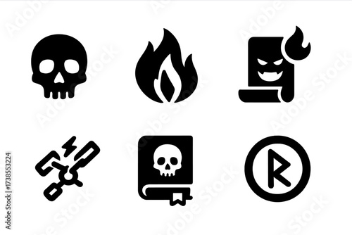 Forbidden Magic Icons. Solid, filled icon set of forbidden magic: cursed skull, black flame, soul shard, demonic pact, chain spell, forbidden tome, corrupted